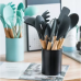 Kit 12 Peças Utensílios Cozinha Em Silicone Maciço E Cabos De Madeira Colheres Espátula