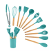 Kit 12 Peças Utensílios Cozinha Em Silicone Maciço E Cabos De Madeira Colheres Espátula
