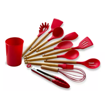 Kit 12 Peças Utensílios Cozinha Em Silicone Maciço E Cabos De Madeira Colheres Espátula