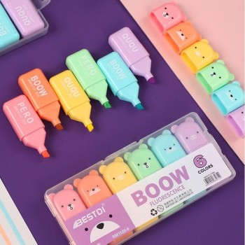 Kit Com 6 Canetas Mini Marca Texto Urso Ursinho (RM1520-6) Estojo Com TEXTO BOOW Roxo