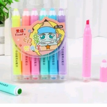 2EM 1 Carimbo+Marca texto 6 Cores Criativa Lápis Fofa Neon Papelaria/Escritório/Escola Barato