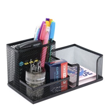 Porta Caneta Treco PRETO Organizador de Mesa de Escritório Multiuso 3 Divisórias Metal Armado